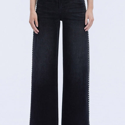 Black High Rise Silver Stud Wide Leg Jeans