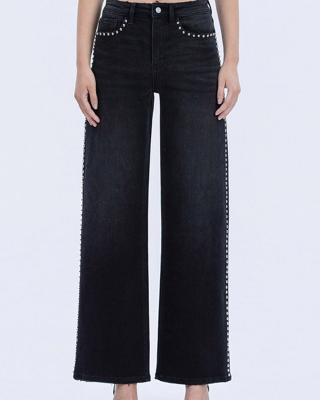 Black High Rise Silver Stud Wide Leg Jeans