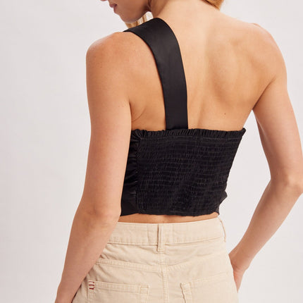 Black Satin One Shoulder Asymmetrical Top