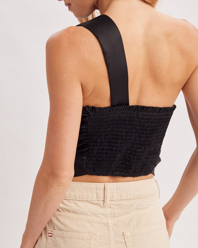 Black Satin One Shoulder Asymmetrical Top