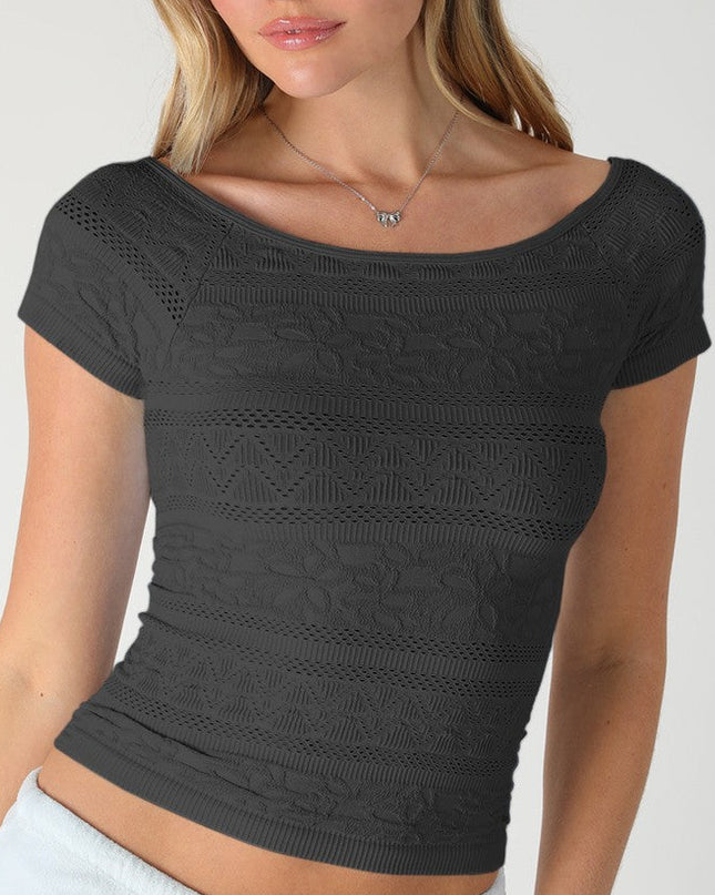 Black Textured Boat Neck Top