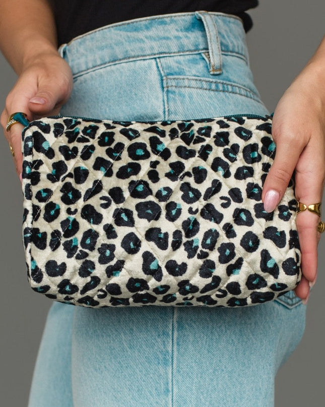 Black, Cream & Blue Leopard Travel Pouch