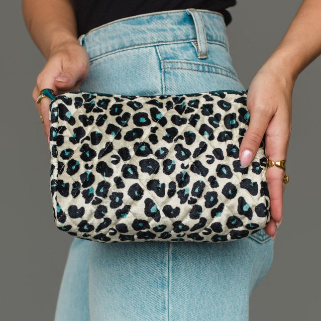 Black, Cream & Blue Leopard Travel Pouch
