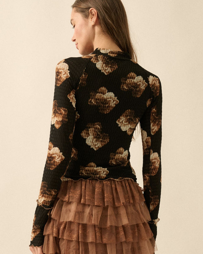 Black-Taupe Floral Mesh Top - Shop Simply Apparel