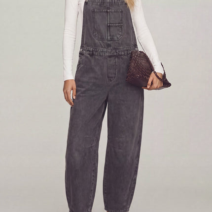 Washed Black Barrel Leg Overalls