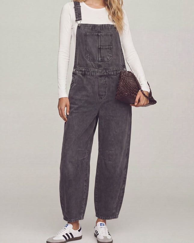 Washed Black Barrel Leg Overalls