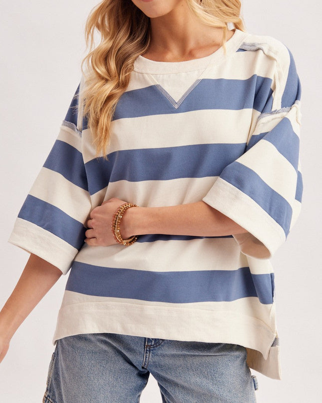 Blue Stripe Oversized Crew Neck Top