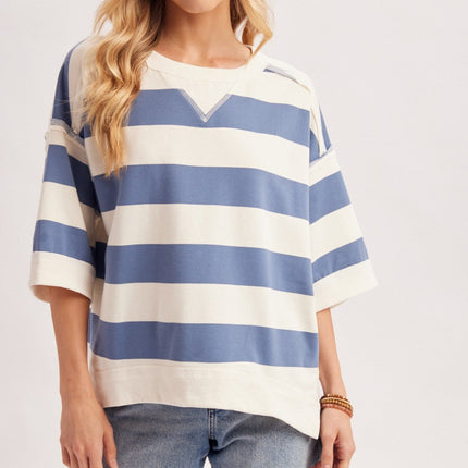Blue Stripe Oversized Crew Neck Top