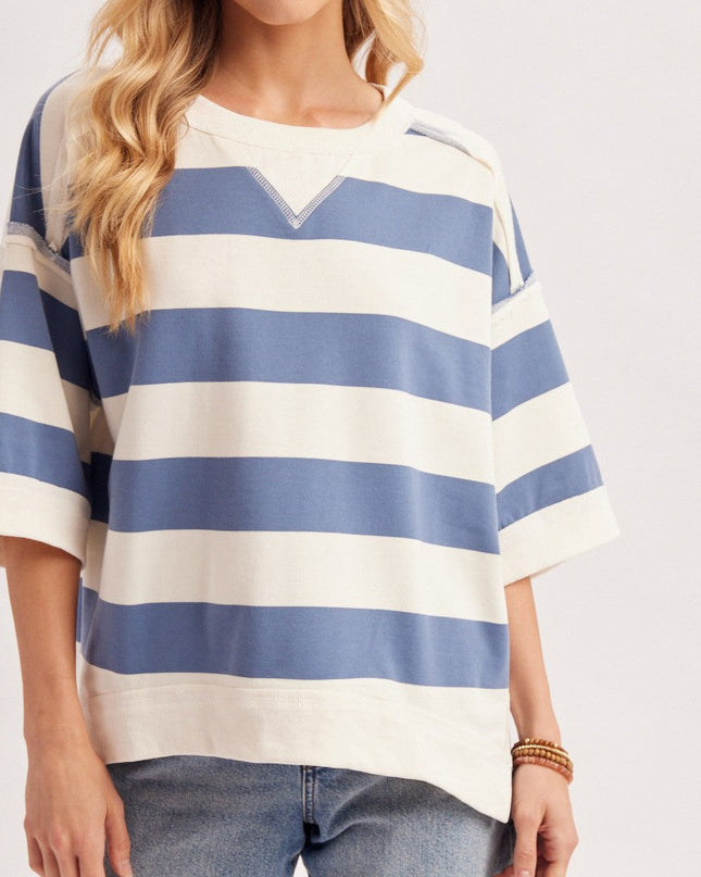 Blue Stripe Oversized Crew Neck Top