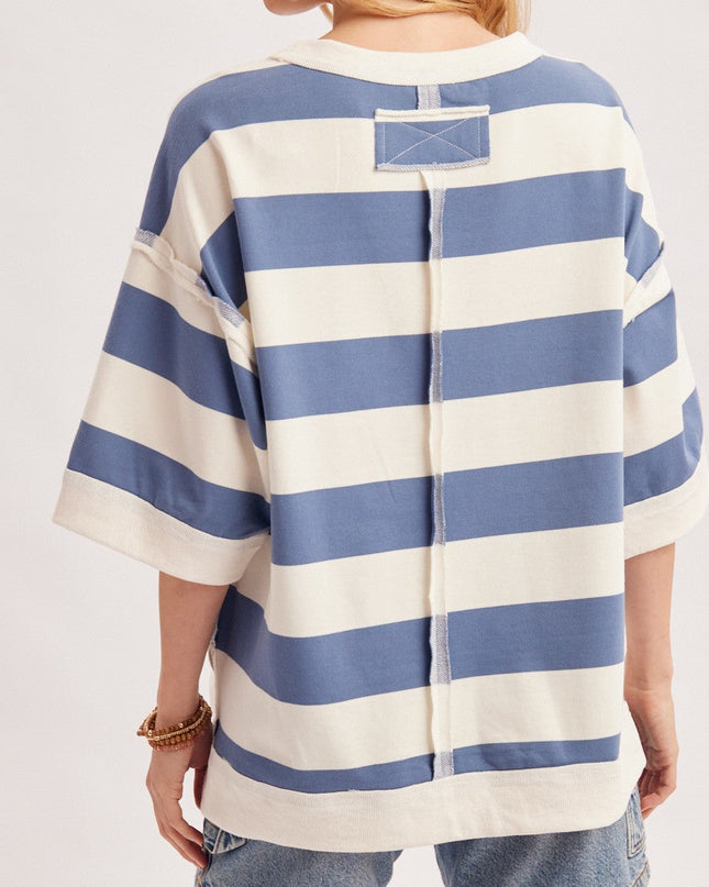 Blue Stripe Oversized Crew Neck Top