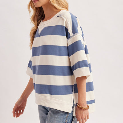 Blue Stripe Oversized Crew Neck Top
