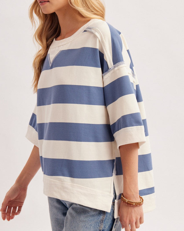 Blue Stripe Oversized Crew Neck Top