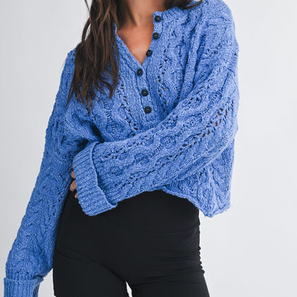 Blue Textured Cropped Henley Sweater