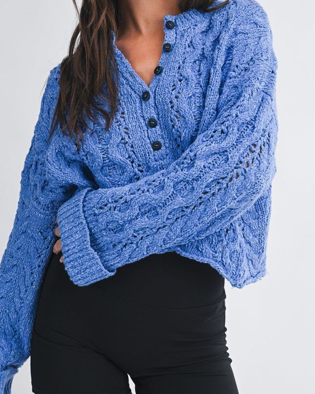 Blue Textured Cropped Henley Sweater