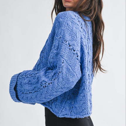Blue Textured Cropped Henley Sweater