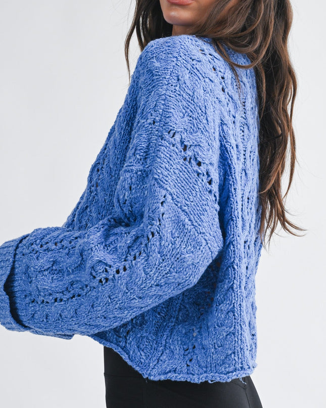 Blue Textured Cropped Henley Sweater