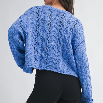 Blue Textured Cropped Henley Sweater