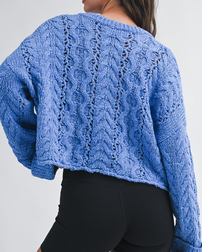 Blue Textured Cropped Henley Sweater