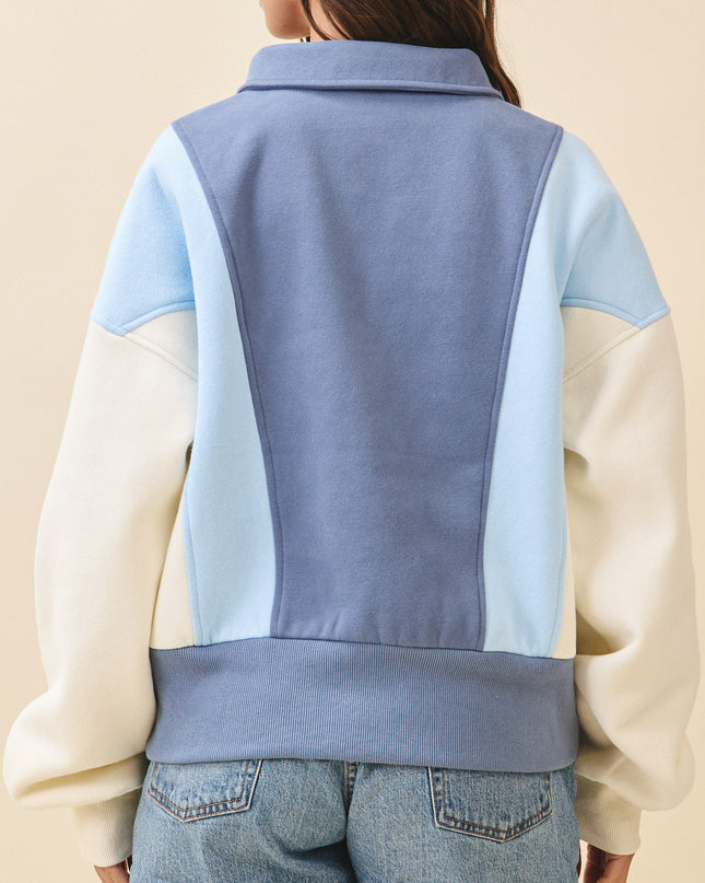 Denim Blue Colorblock Pullover Sweatshirt