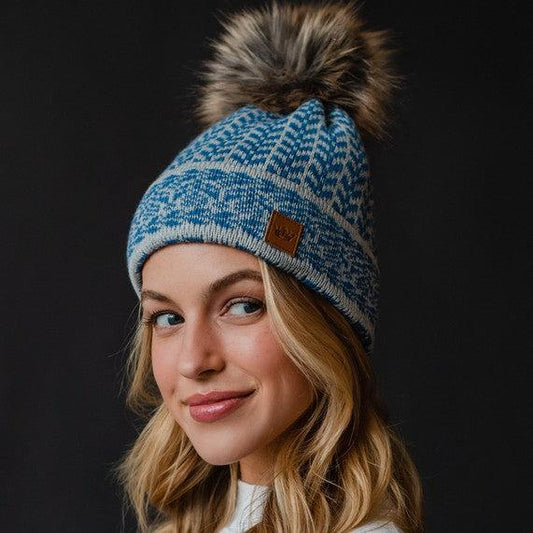 Blue & Lt. Gray Patterned Pom Hat