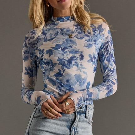 Blue White Floral Mesh Top