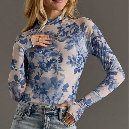 Blue & White Floral Mesh Top