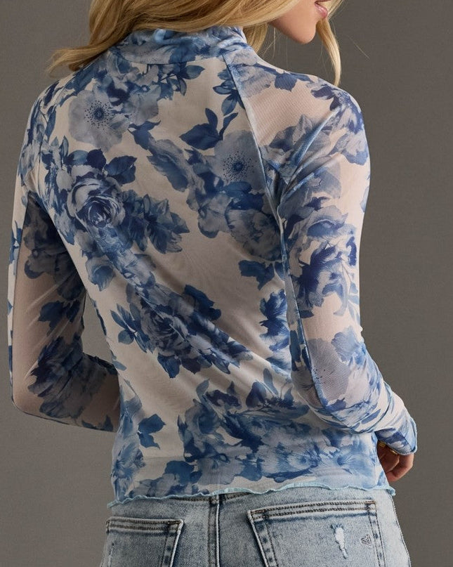 Blue & White Floral Mesh Top