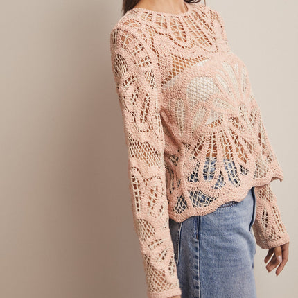 Blush Crochet Floral Pattern Sweater