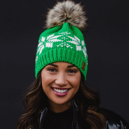 Bright Green & White Snowflake Pom Hat