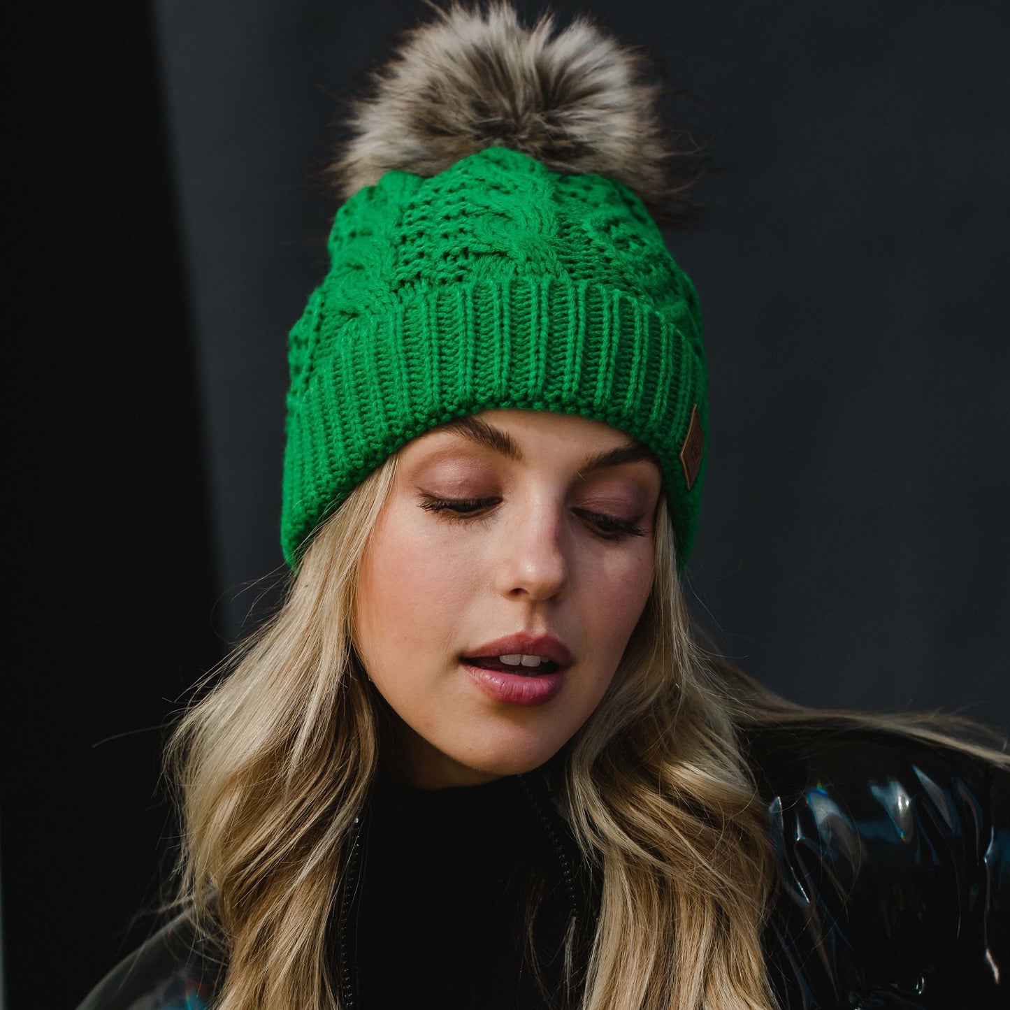 Bright Green Cable Knit Pom Hat