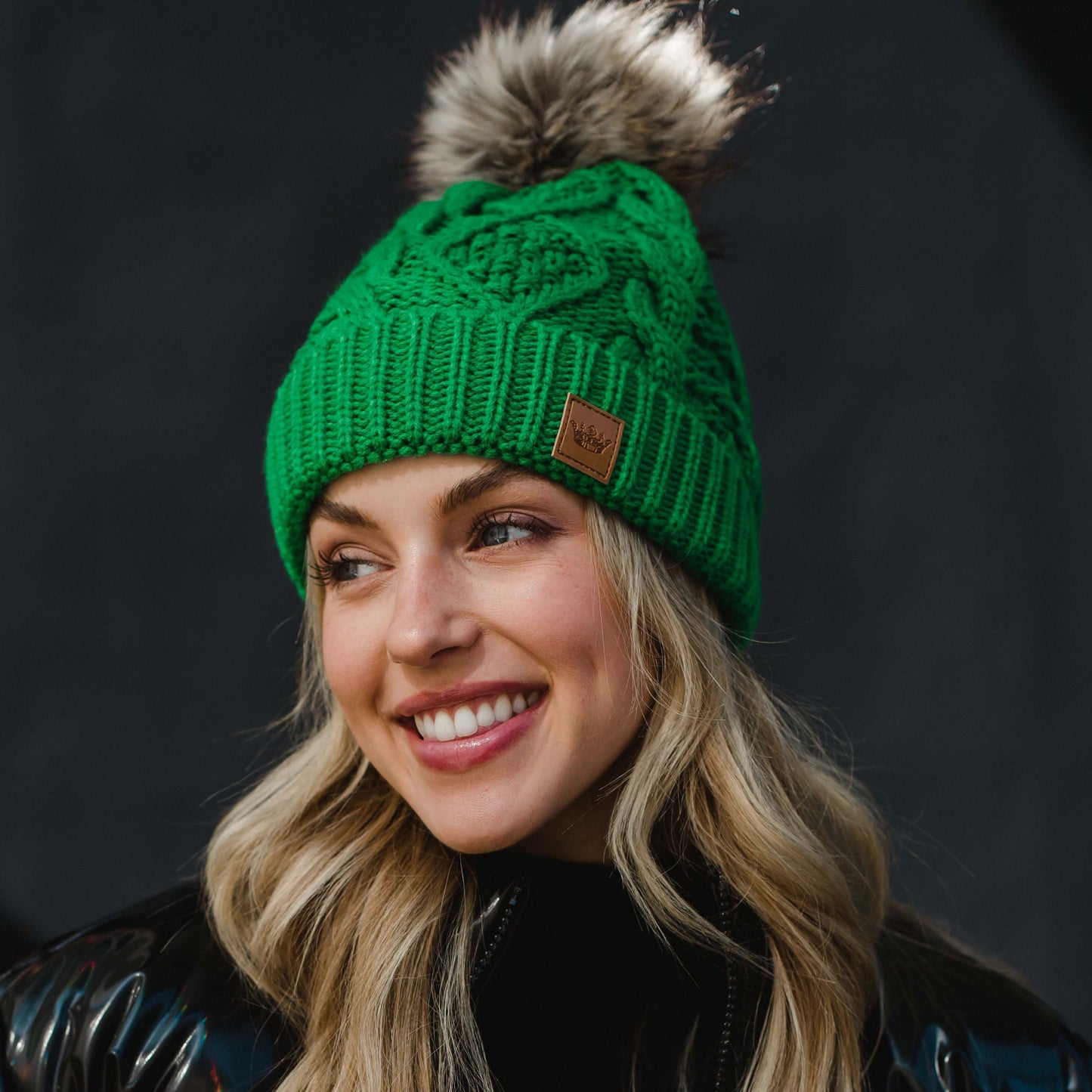 Bright Green Cable Knit Pom Hat