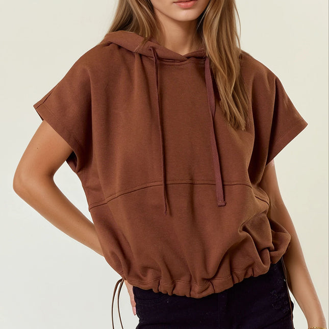 Brown Cap Sleeve Hoodie Sweatshirt