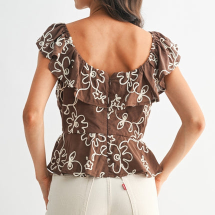 Brown Floral Embroidered Ruffle Blouse