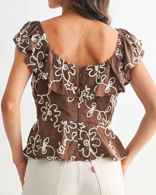 Brown Floral Embroidered Ruffle Blouse