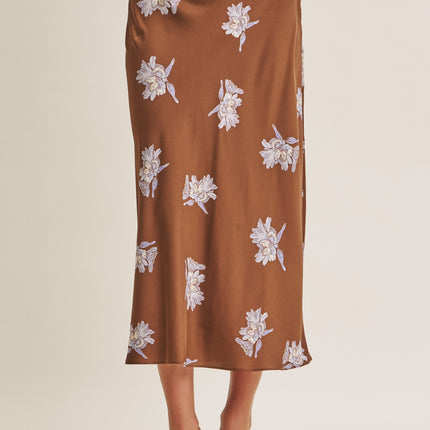 Brown Lilac Floral Midi Skirt