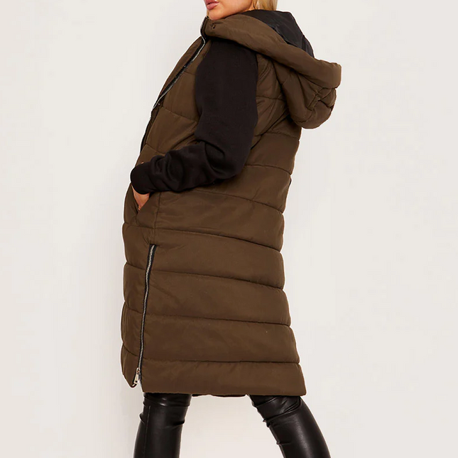 Brown Longline Puffer Hooded Vest