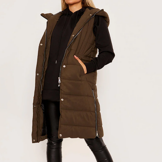 Brown Longline Puffer Vest with Hood