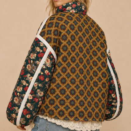 Brown Patchwork Quilted Bomber Jacket