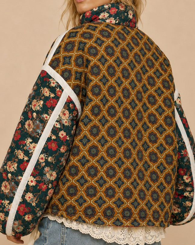 Brown Patchwork Quilted Bomber Jacket