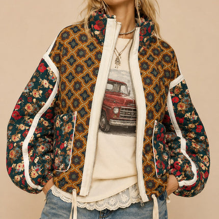 Brown Patchwork Quilted Bomber Jacket
