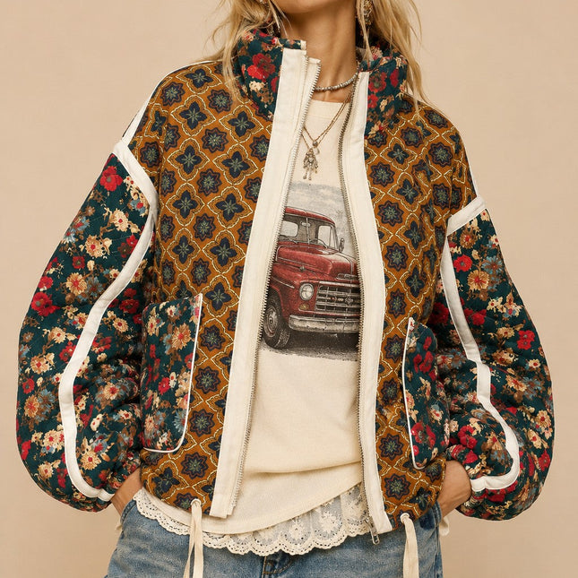 Brown Patchwork Quilted Bomber Jacket