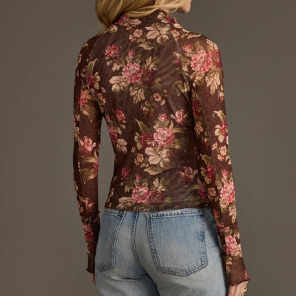 Brown Cream Burgundy Floral Mesh Top