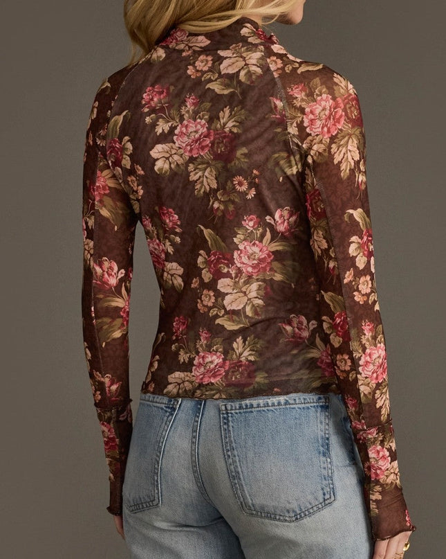 Brown Cream Burgundy Floral Mesh Top