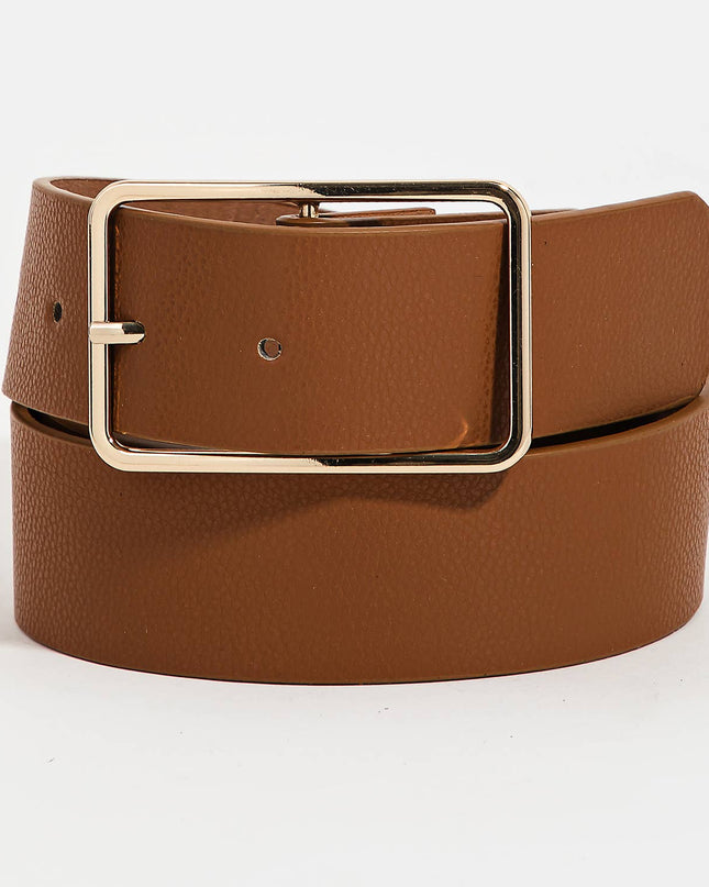 Brown Faux Leather Rectangle Cutout Buckle Belt - Shop Simply Apparel