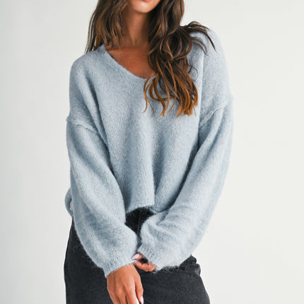 Light Blue Brushed V-neck Sweater