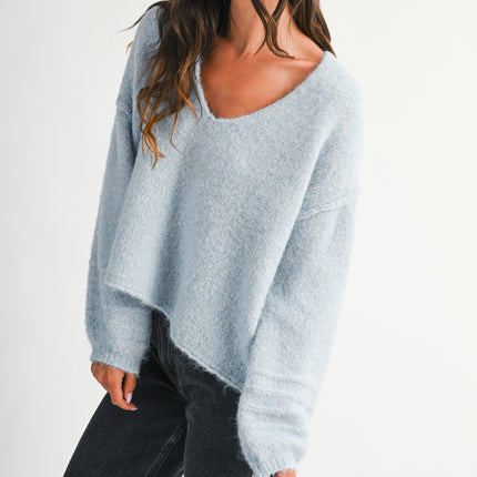 Light Blue Brushed V-neck Sweater
