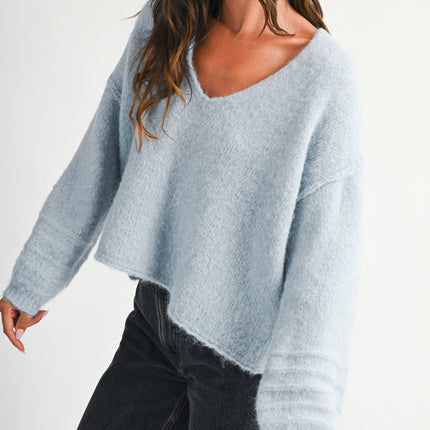 Light Blue Brushed V-neck Sweater