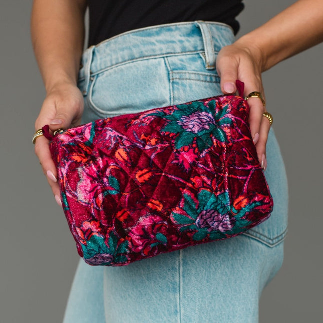 Burgundy & Multicolored Floral Travel Pouch