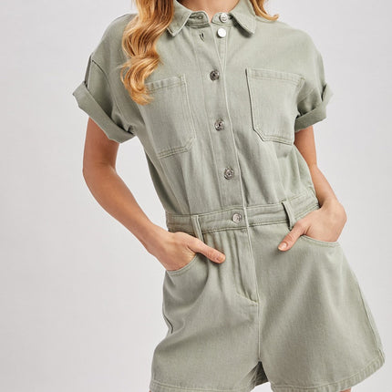Sage Short Sleeved Denim Romper - Shop Simply Apparel