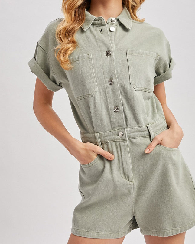 Sage Short Sleeved Denim Romper - Shop Simply Apparel